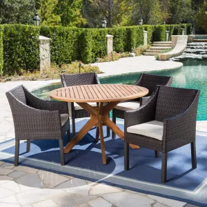 Outdoor 5 Piece Multi-brown Wicker Dining Set with Teak Finish Table - NH033203 patio chairs, outdoor seating