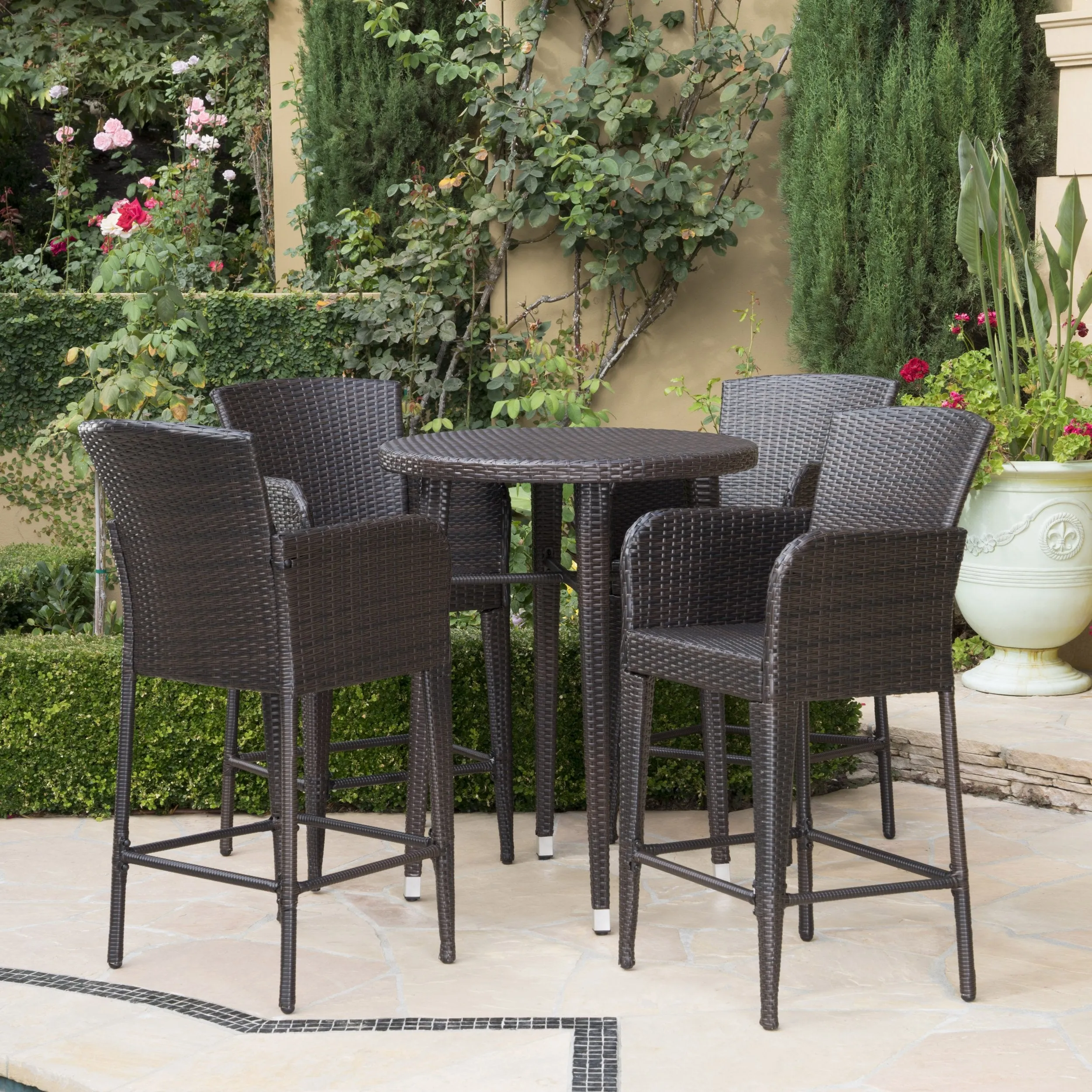 Outdoor 5 Piece Multi-brown Wicker Round Bar Table Set - NH803203 patio chairs, outdoor seating