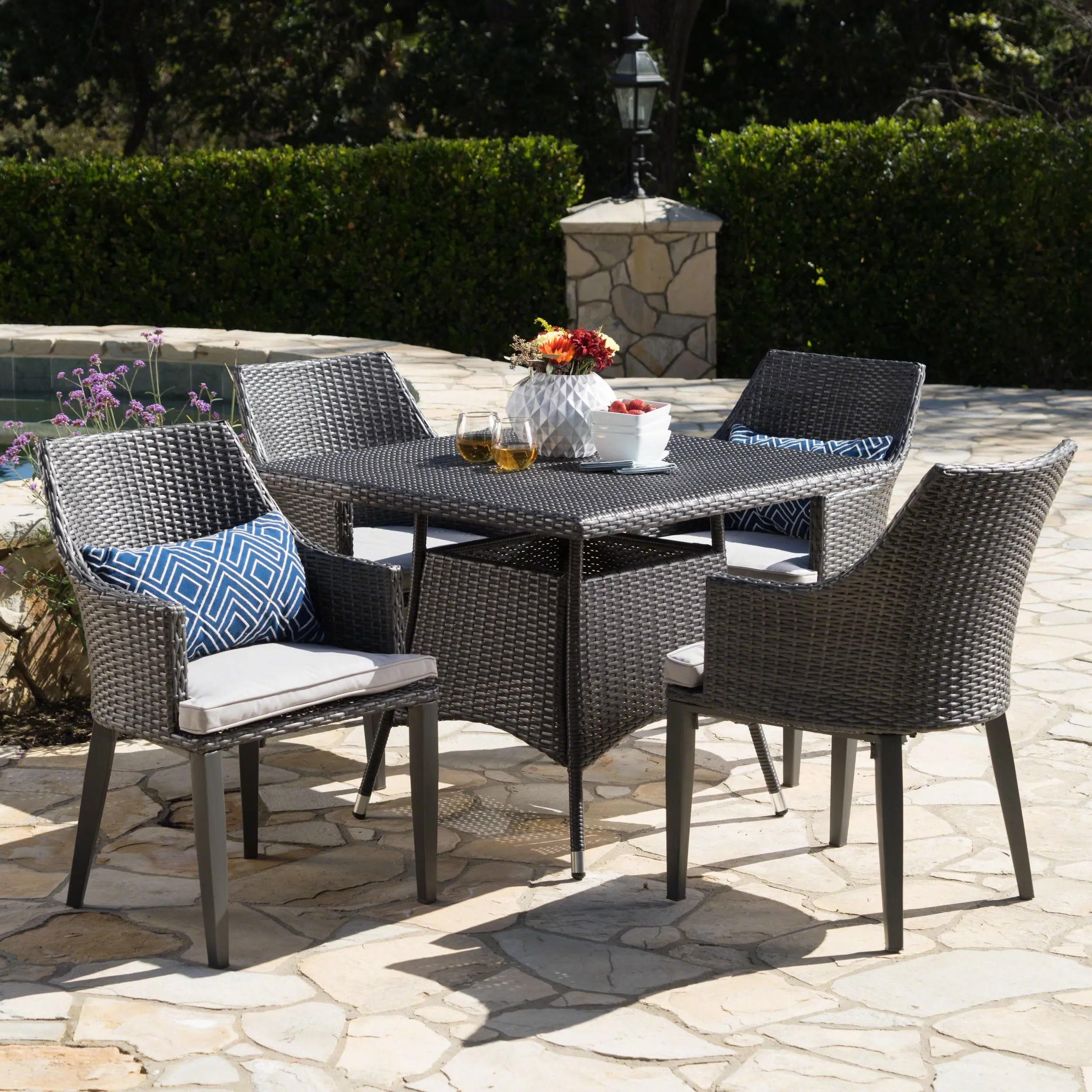 Outdoor 5 Piece Wicker Square Dining Set with Water Resistant Cushions - NH264203 patio chairs, outdoor seating