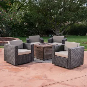 Outdoor 5 Piece Wicker Swivel Club Chair and Fire Pit Set, Dark Brown with Beige and Brown - NH153403 patio chairs, outdoor seating
