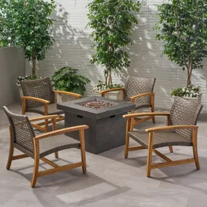 Outdoor 5 Piece Wood and Wicker Club Chairs and Fire Pit Set - NH451803 patio chairs, outdoor seating