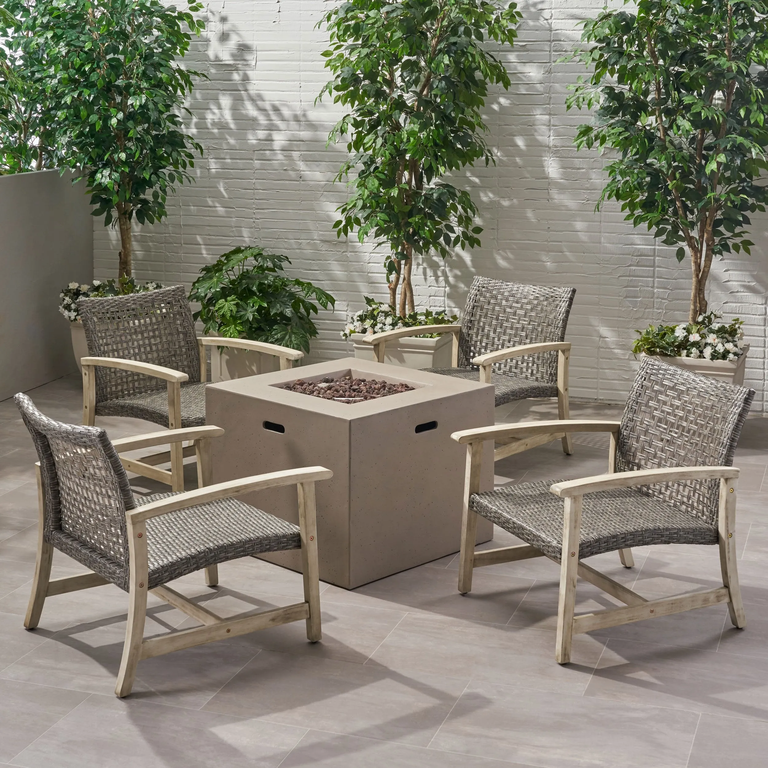 Outdoor 5 Piece Wood and Wicker Club Chairs and Fire Pit Set - NH841803