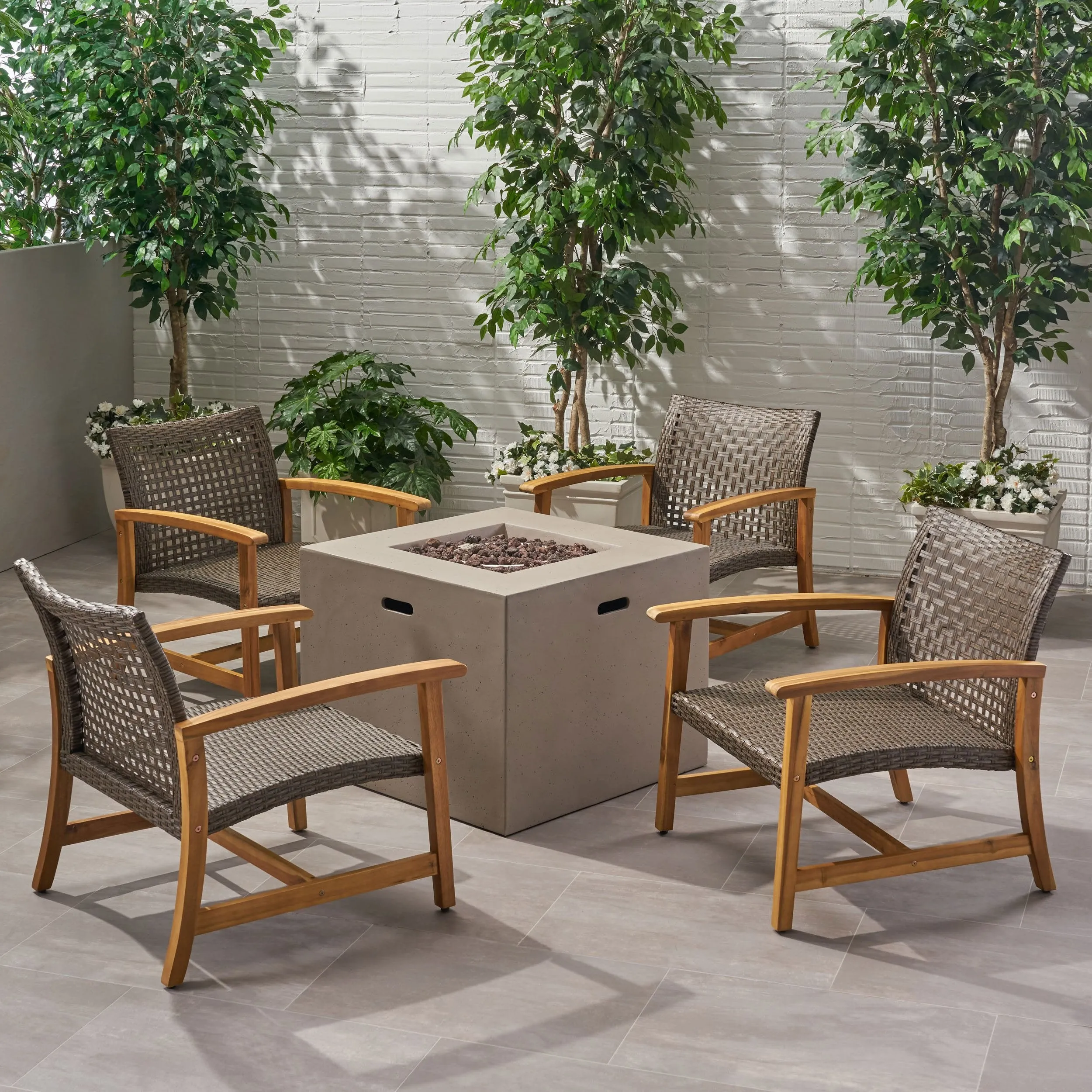 Outdoor 5 Piece Wood and Wicker Club Chairs and Fire Pit Set - NH841803