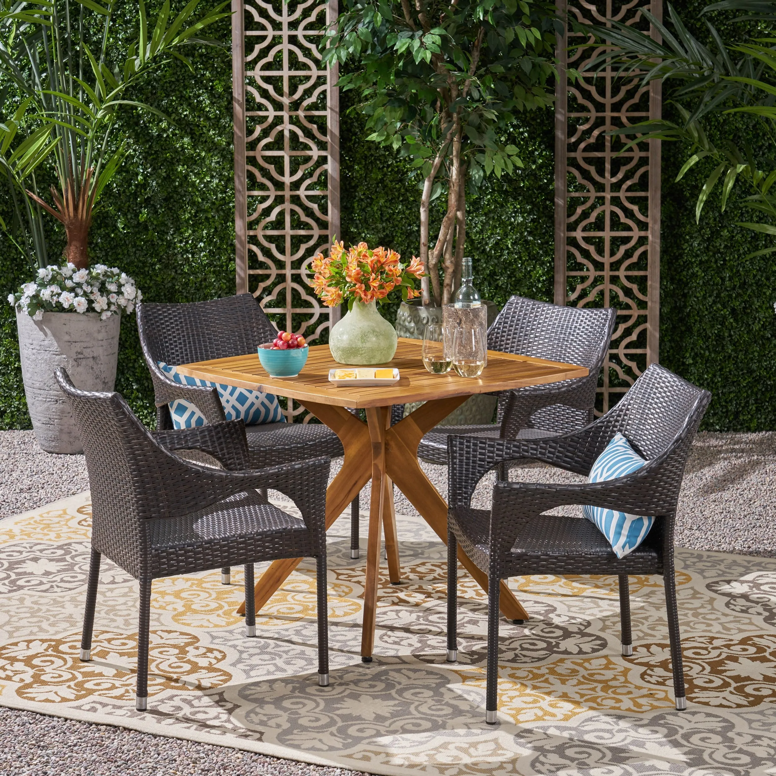 Outdoor 5 Piece Wood and Wicker Dining Set - NH091503 patio chairs, outdoor seating