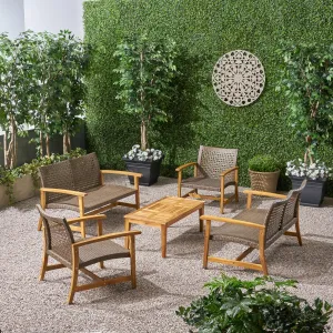 Outdoor 5 Piece Wood and Wicker Loveseat Chat Set - NH071803 patio chairs, outdoor seating