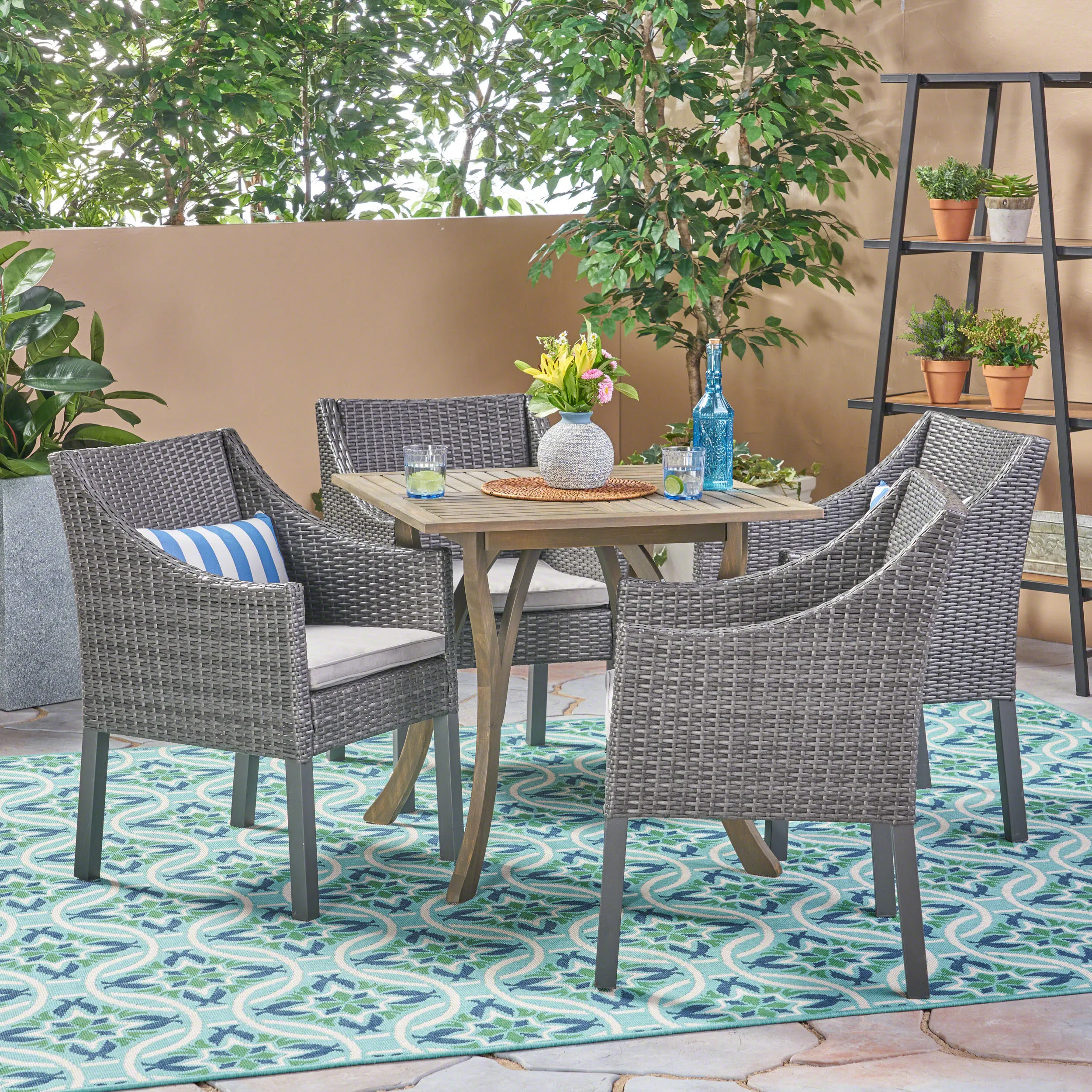 Outdoor 5 Piece Wood and Wicker Square Dining Set, Gray and Gray - NH222503 patio chairs, outdoor seating