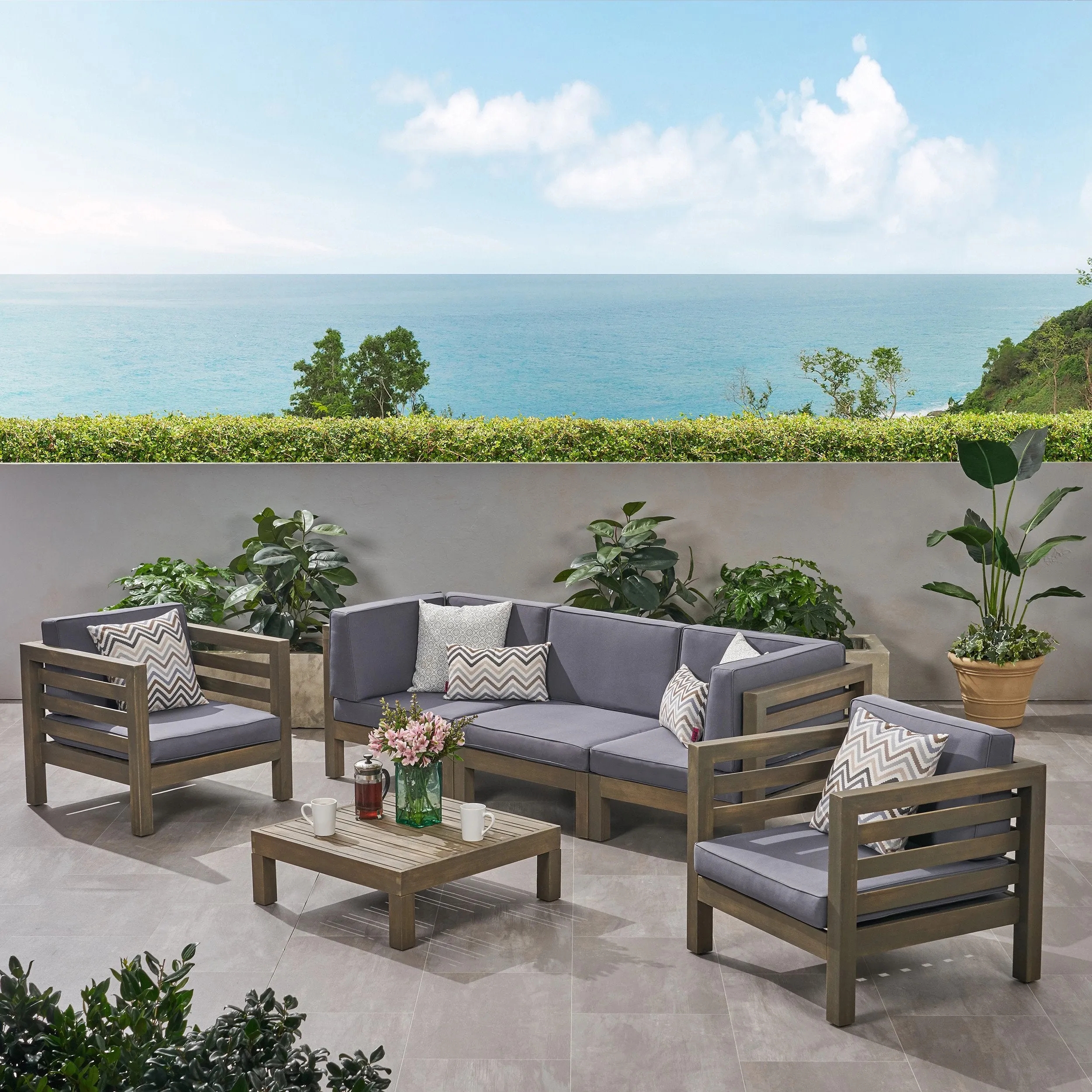Outdoor 5 Seater Acacia Wood Sofa Chat Set - NH954803