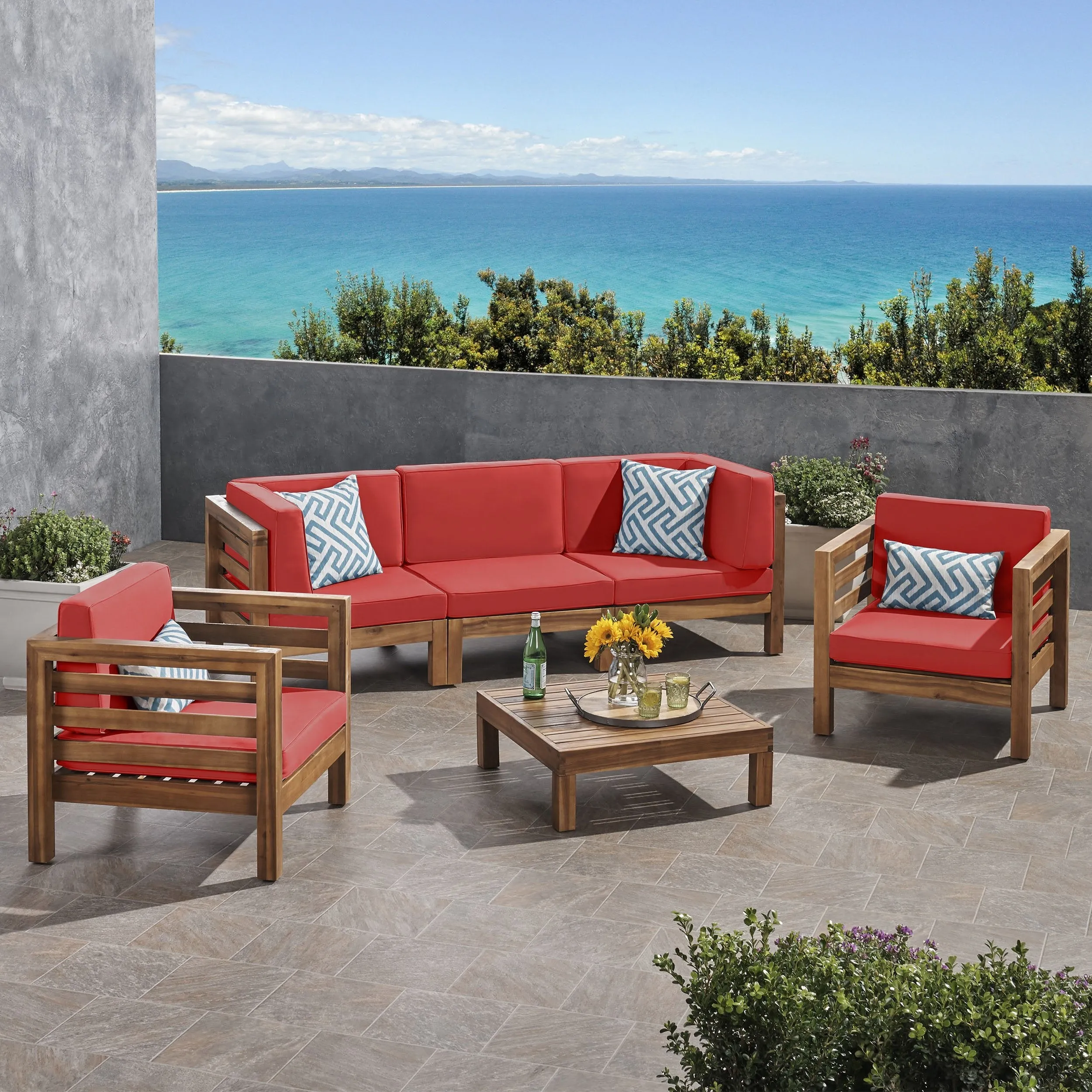 Outdoor 5 Seater Acacia Wood Sofa Chat Set - NH954803