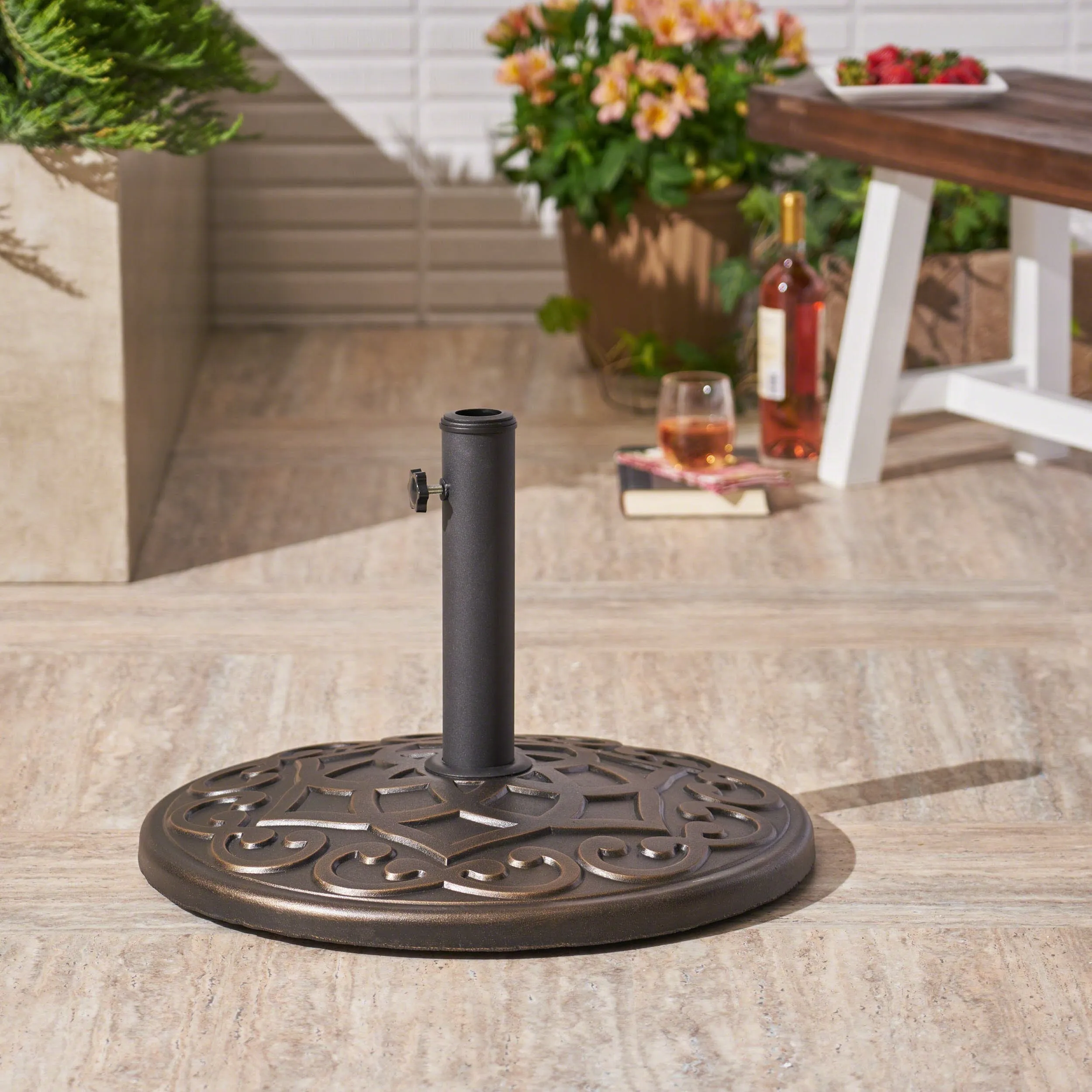 Outdoor 57lb Concrete Circular Umbrella Base, Hammered Dark Copper - NH555403 patio chairs, outdoor seating