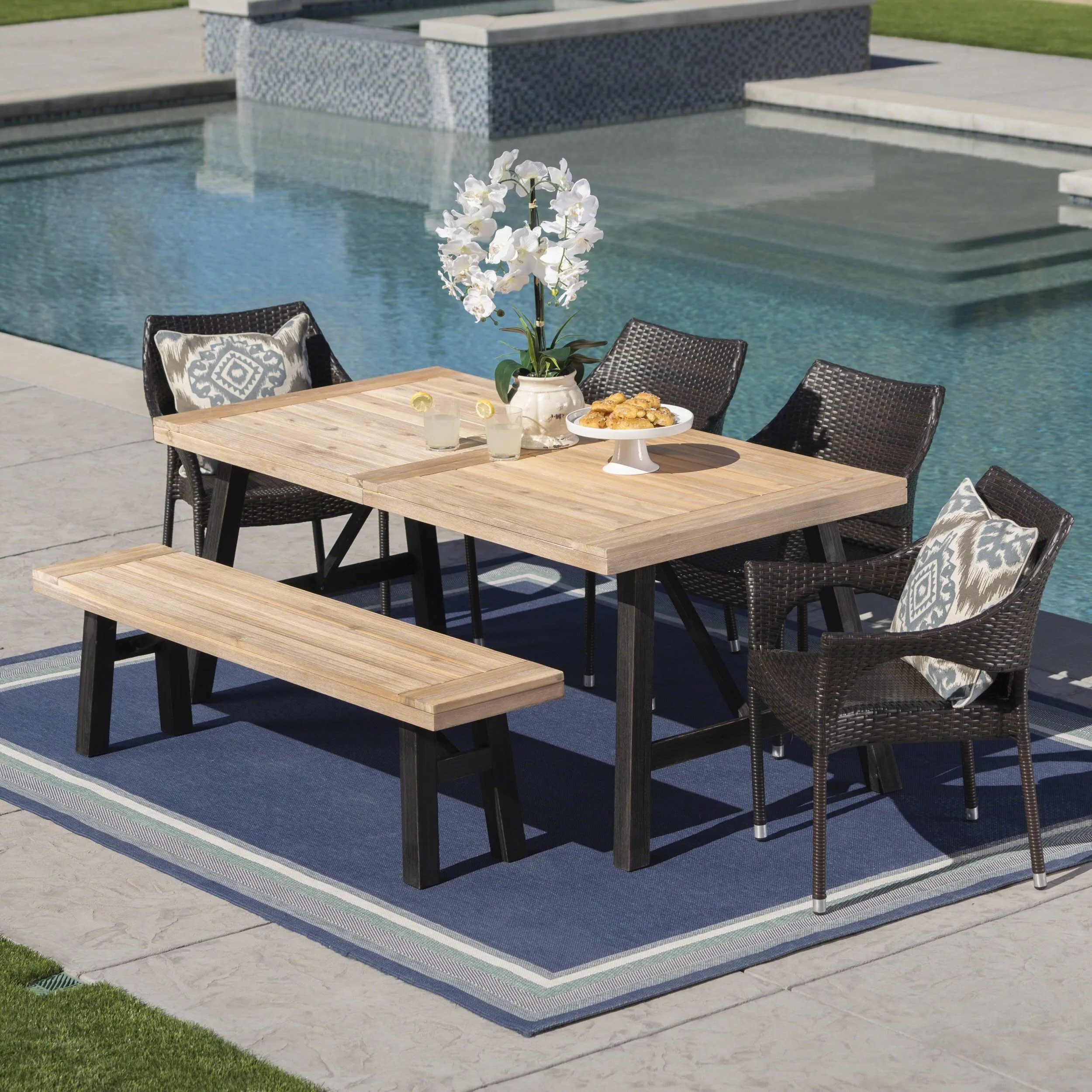 Outdoor 6 Piece Acacia Wood Dining Set with Wicker Stacking Chairs - NH487203 patio chairs, outdoor seating