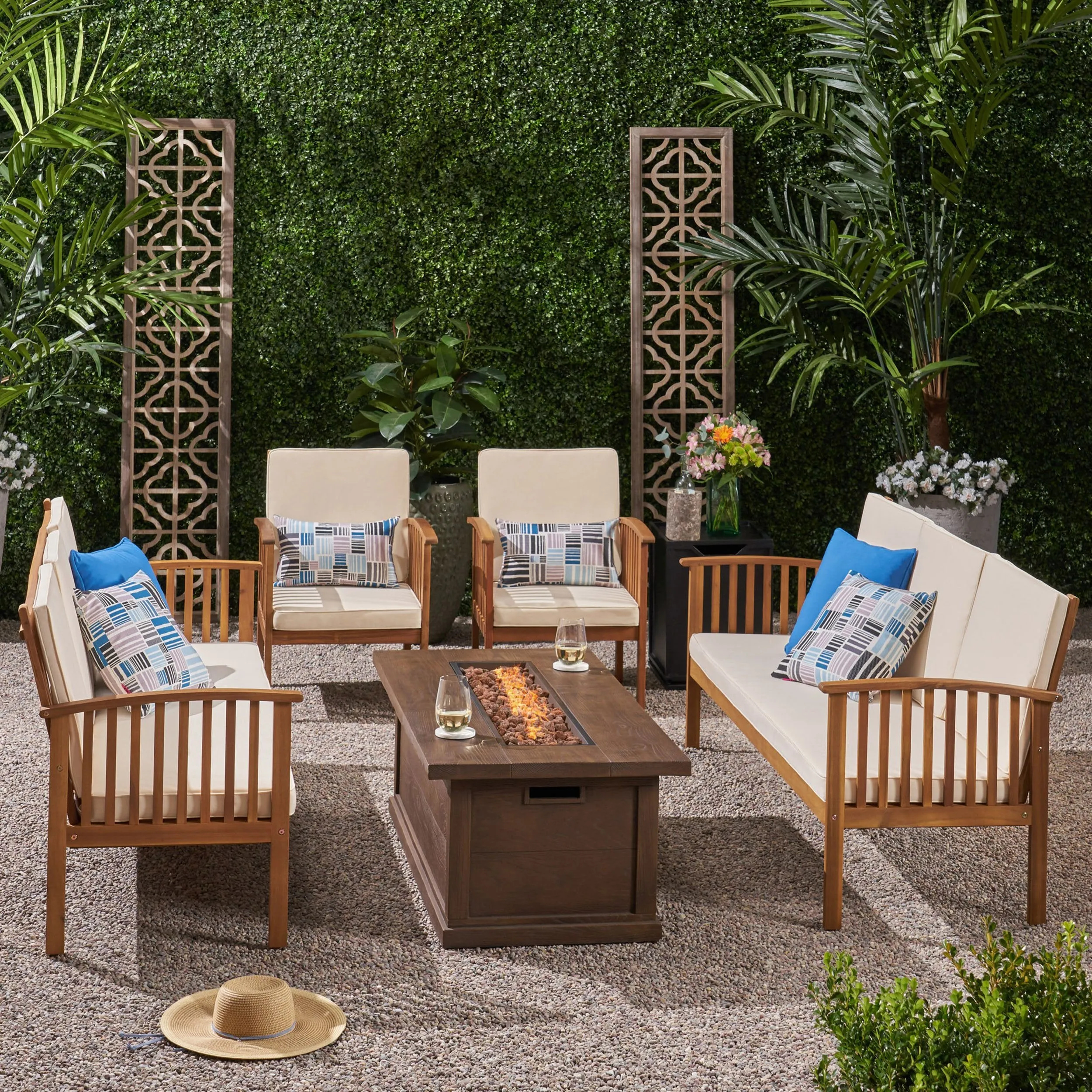 Outdoor 6 Piece Acacia Wood Sofa Conversational Set with Fire Pit - NH402803 patio chairs, outdoor seating
