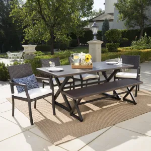 Outdoor 6 Piece Aluminum Dining Set with Bench and Wicker Dining Chairs - NH894203 patio chairs, outdoor seating