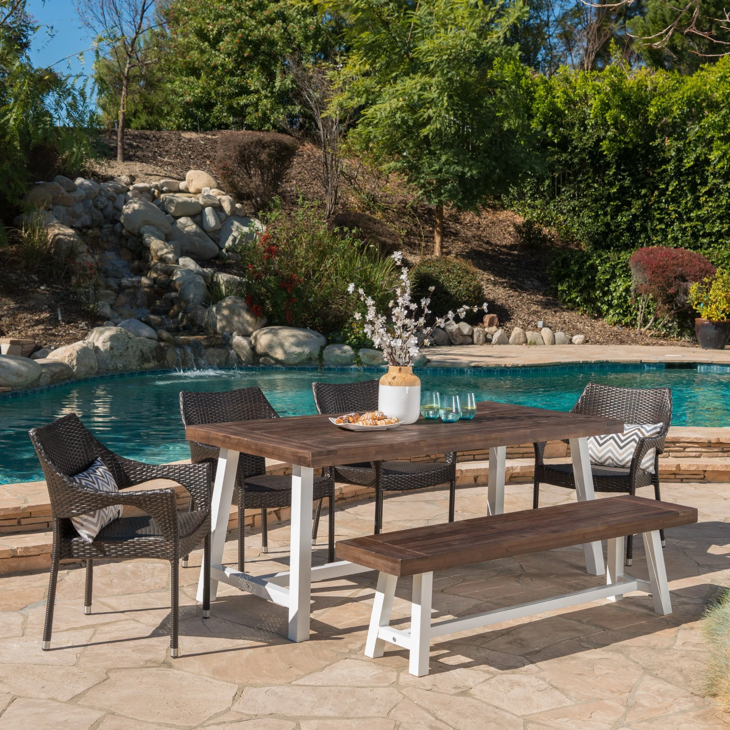 Outdoor 6 Piece Wicker Dining Set with Acacia Wood Table and Bench - NH809303