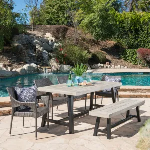 Outdoor 6 Piece Wicker Dining Set with Acacia Wood Table and Bench - NH809303 patio chairs, outdoor seating