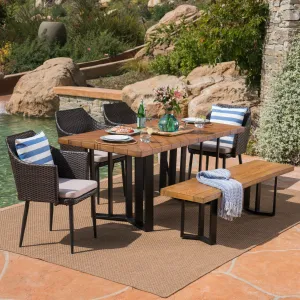 Outdoor 6 Piece Wicker Dining Set with Concrete Dining Table and Bench - NH311403 patio chairs, outdoor seating