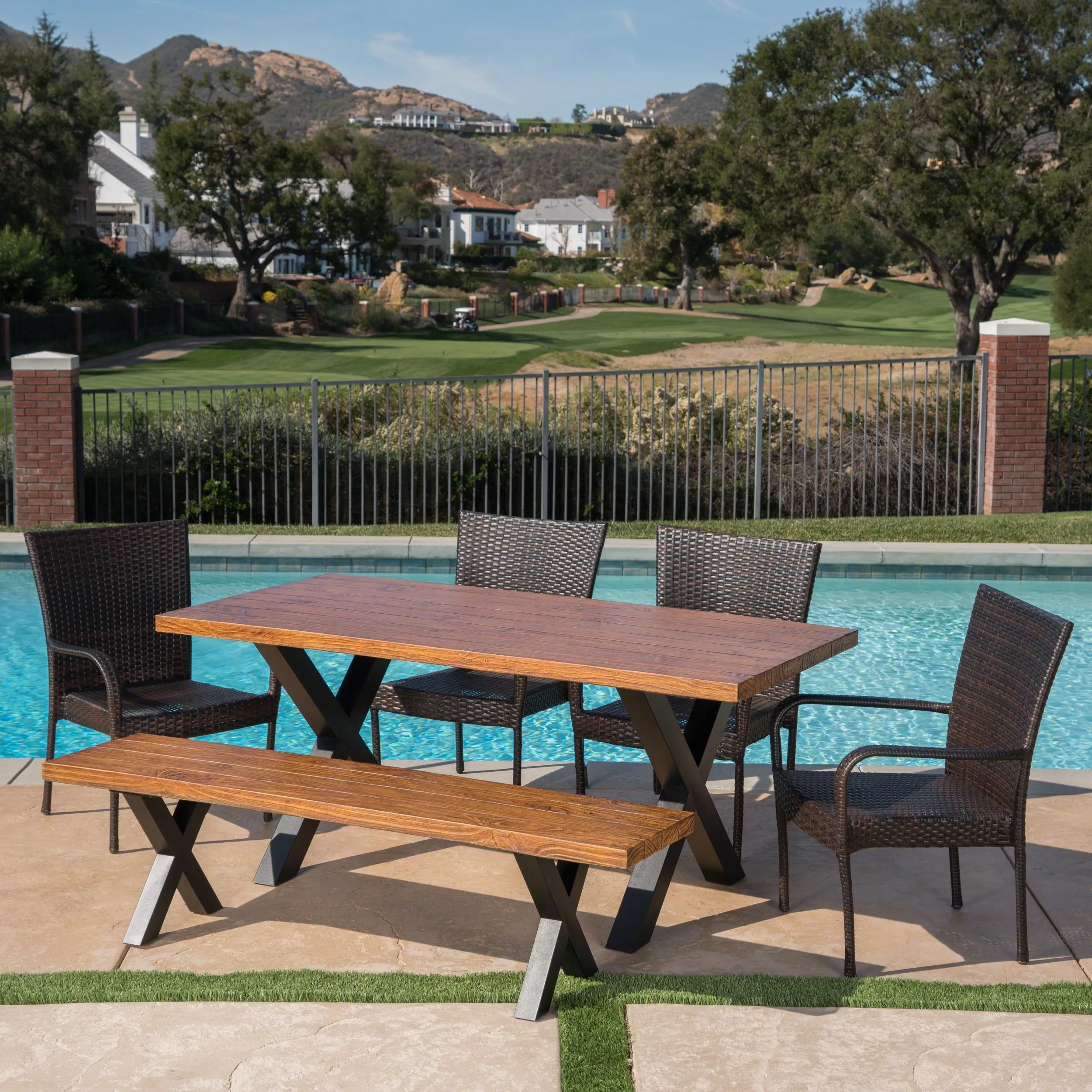 Outdoor 6 Piece Wicker Dining Set with Concrete Table and Bench - NH877303 patio chairs, outdoor seating