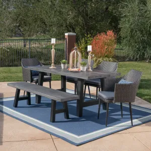 Outdoor 6 Piece Wicker Dining Set with Concrete Table and Bench - NH897303 patio chairs, outdoor seating