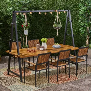 Outdoor 6 Seater Acacia Wood and Iron Planter Dining Set - NH127903 patio chairs, outdoor seating