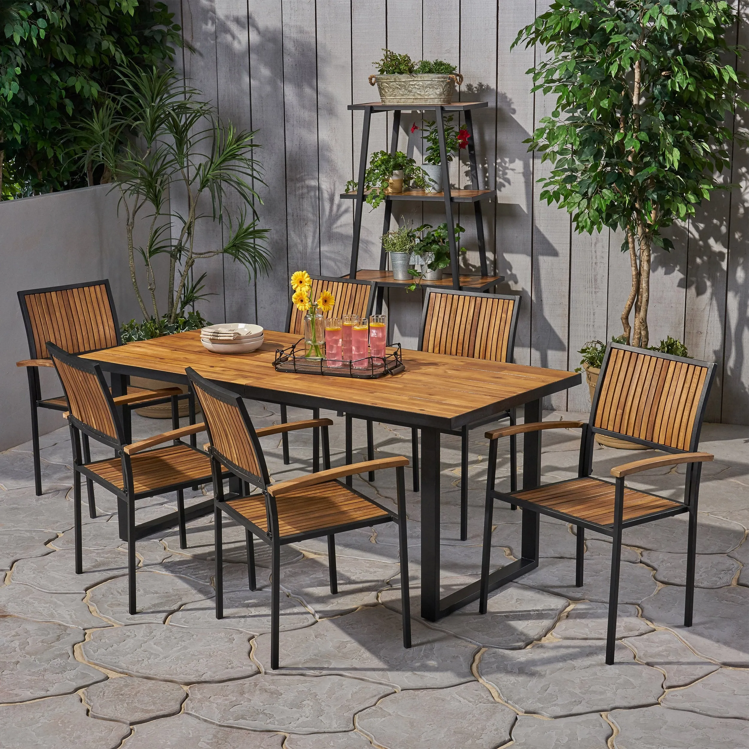 Outdoor 6 Seater Acacia Wood Dining Set with an Iron Frame - NH217903 patio chairs, outdoor seating
