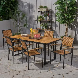 Outdoor 6 Seater Acacia Wood Dining Set with an Iron Frame - NH217903 patio chairs, outdoor seating