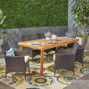 Outdoor 6-Seater Acacia Wood Dining Set with Wicker Chairs, Sandblast Natural Finish and Multi Brown and Beige - NH370603 patio chairs, outdoor seating