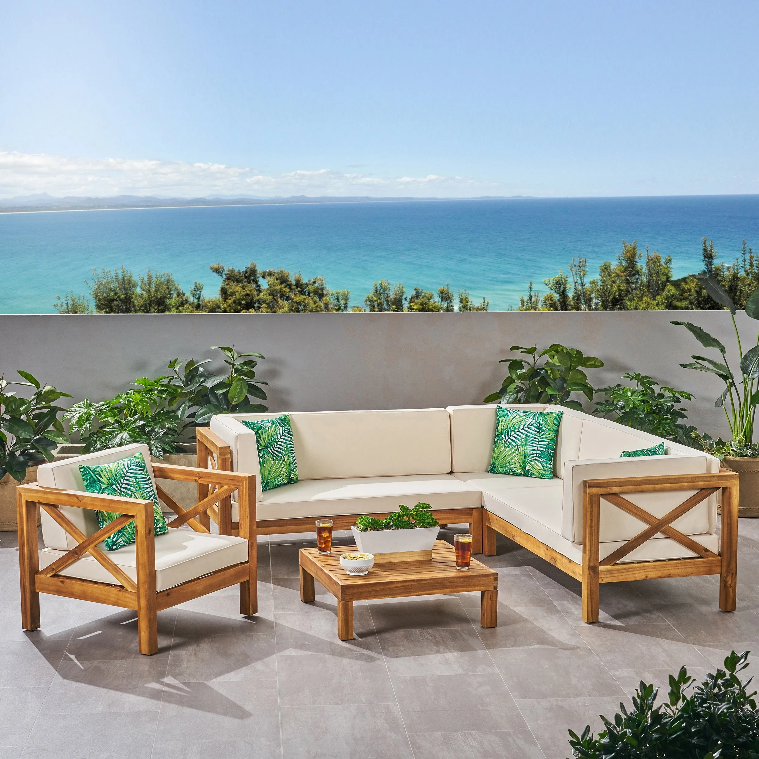 Outdoor 6 Seater Acacia Wood Sectional Sofa and Club Chair Set - NH524803 patio chairs, outdoor seating