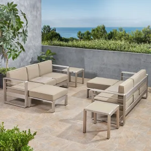 Outdoor 6 Seater Aluminum Sofa and Ottoman Set with Side Tables - NH685903 patio chairs, outdoor seating