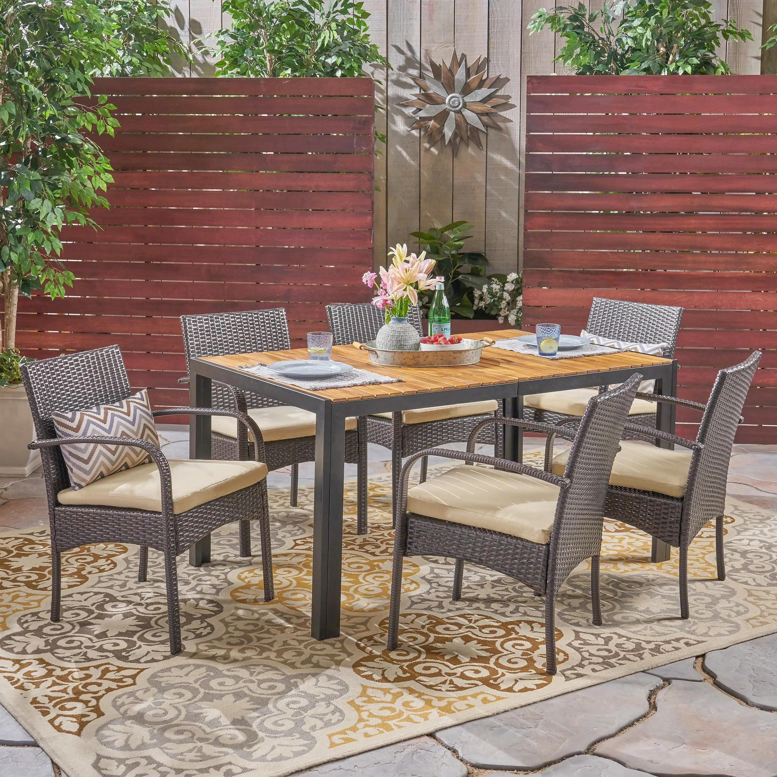 Outdoor 6-Seater Rectangular Acacia Wood and Wicker Dining Set, Teak with Black and Brown with Cream - NH603603 patio chairs, outdoor seating