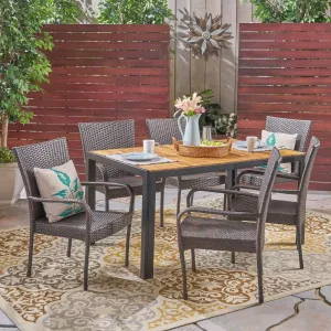Outdoor 6-Seater Rectangular Acacia Wood and Wicker Dining Set, Teak with Black and Multi Brown - NH403603 patio chairs, outdoor seating
