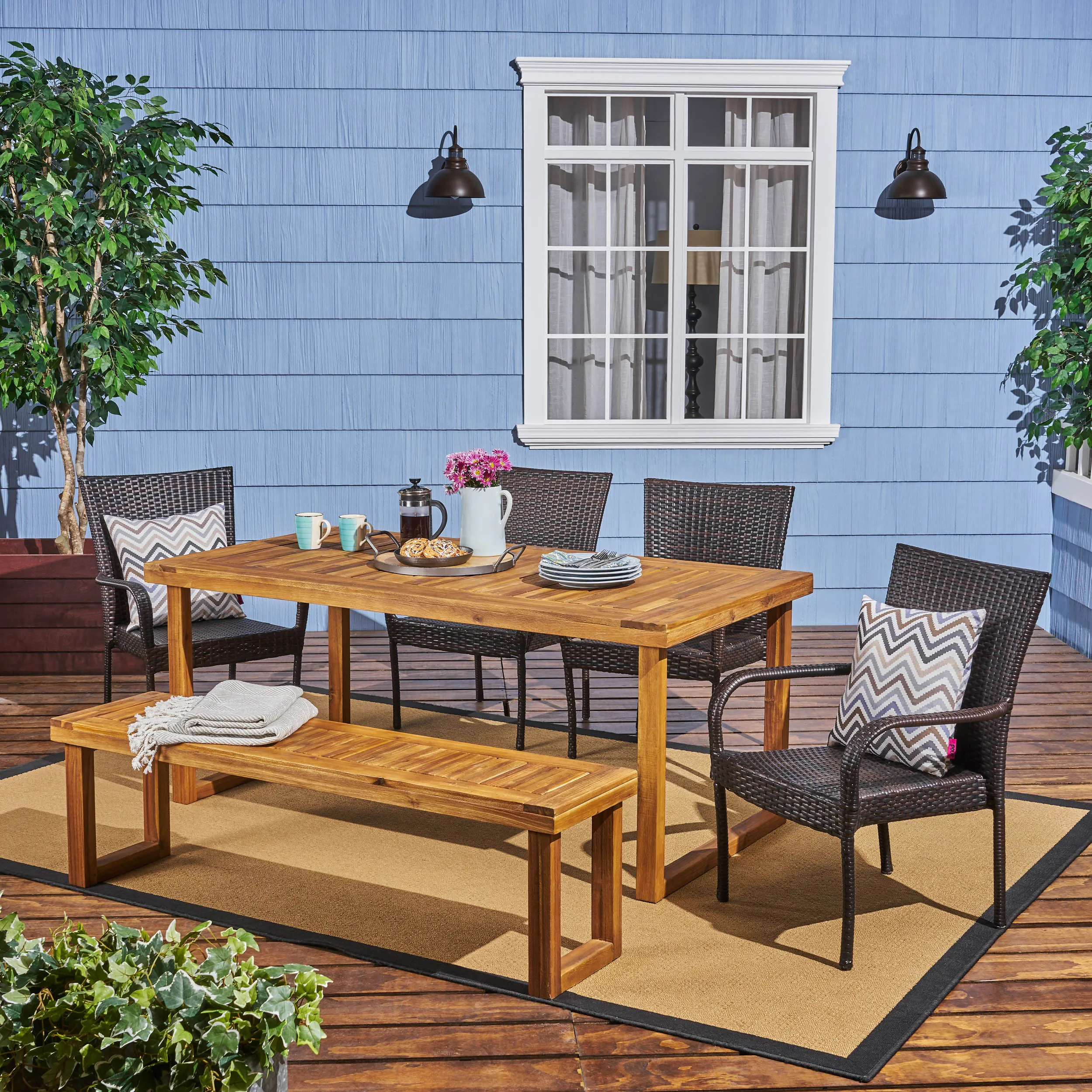 Outdoor 6-Seater Wood and Wicker Chair and Bench Dining Set - NH284503 patio chairs, outdoor seating
