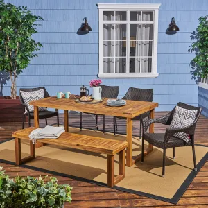 Outdoor 6-Seater Wood and Wicker Chair and Bench Dining Set - NH384503 patio chairs, outdoor seating