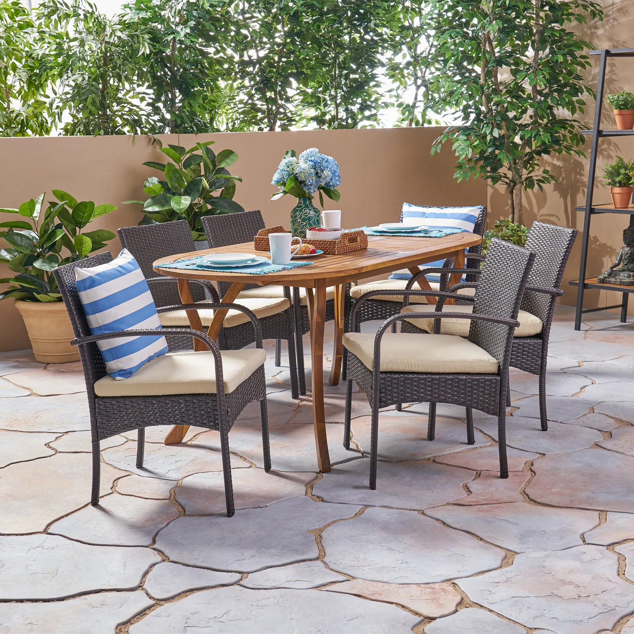 Outdoor 7 Piece Acacia Wood and Wicker Dining Set, Teak with Multi Brown Chairs - NH720503 patio chairs, outdoor seating