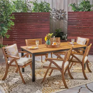 Outdoor 7 Piece Acacia Wood Dining Set, Teak and Cream - NH617503 patio chairs, outdoor seating