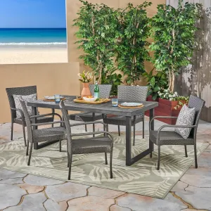 Outdoor 7 Piece Acacia Wood Dining Set with Stacking Wicker Chairs, Sandblast Dark Gray and Gray - NH932603 patio chairs, outdoor seating