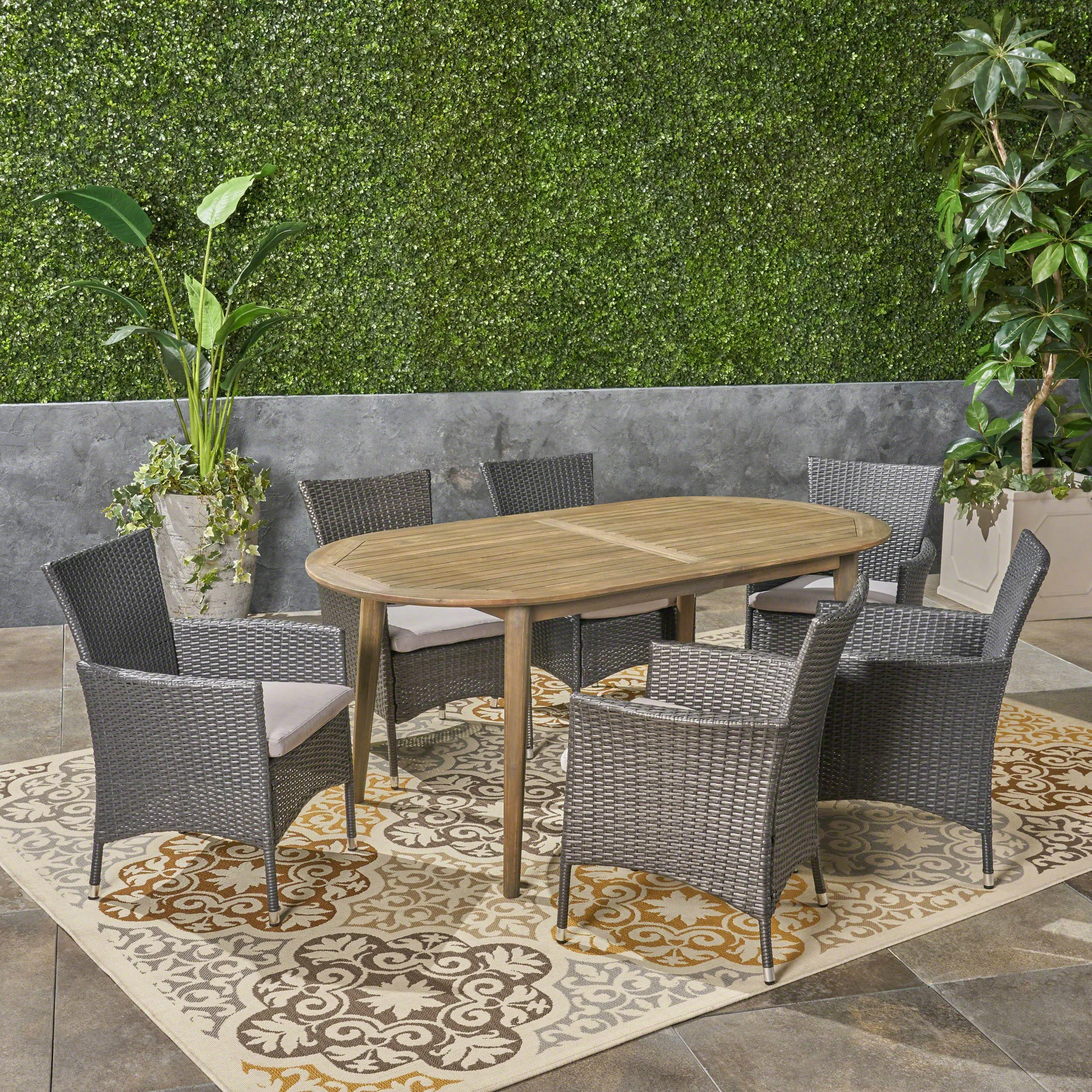 Outdoor 7-Piece Acacia Wood Dining Set with Wicker Chairs and Cusions - NH960603