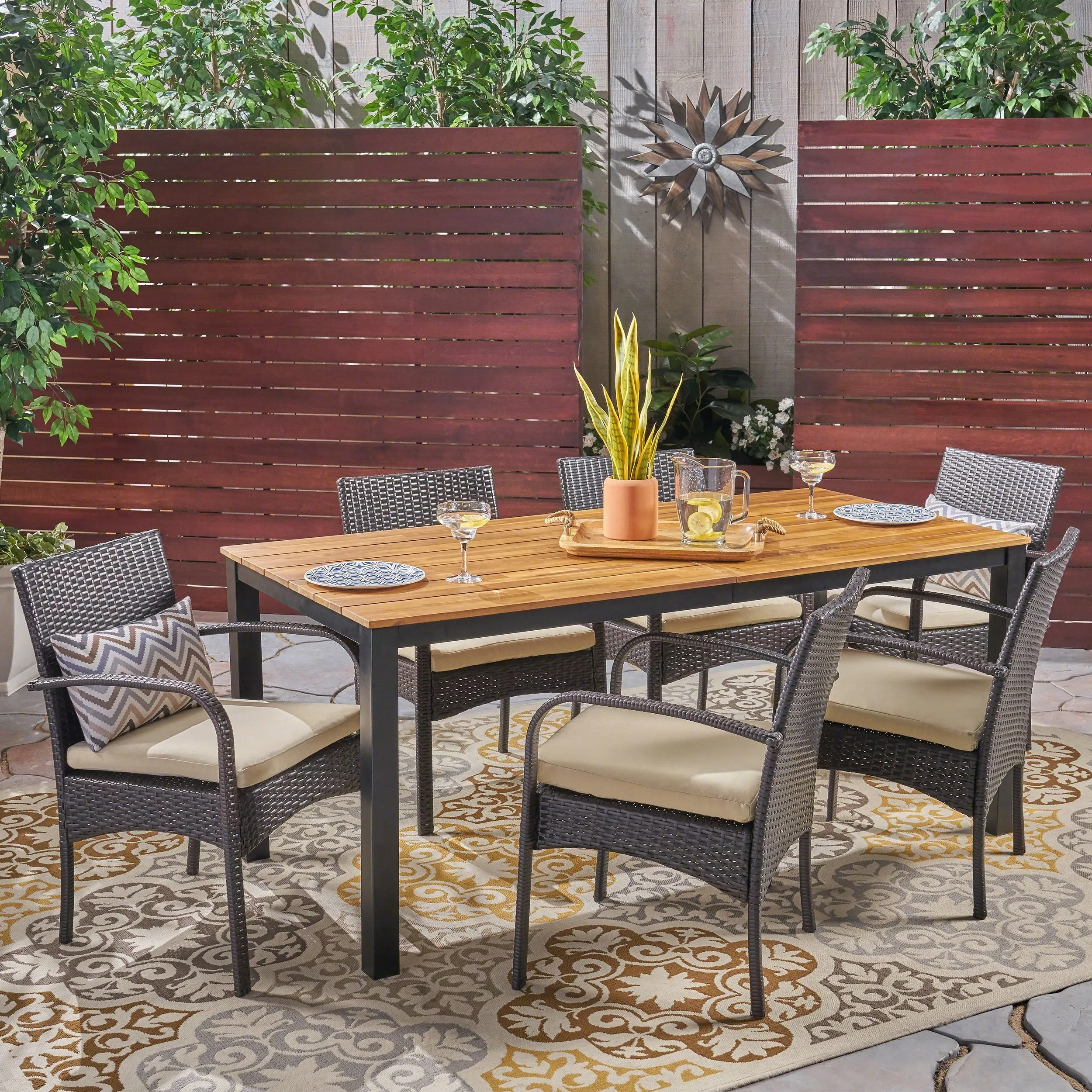 Outdoor 7 Piece Acacia Wood Dining Set with Wicker Chairs, Teak and Multi Brown and Cream - NH252603 patio chairs, outdoor seating