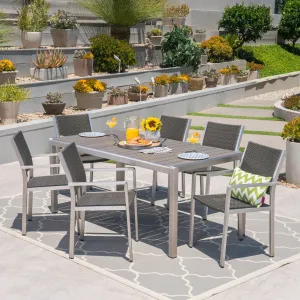 Outdoor 7 Piece Aluminum and Wicker Dining Set with Faux Wood Table Top - NH834503 patio chairs, outdoor seating