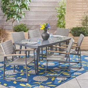 Outdoor 7 Piece Aluminum and Wicker Dining Set with Glass Top - NH303503 patio chairs, outdoor seating