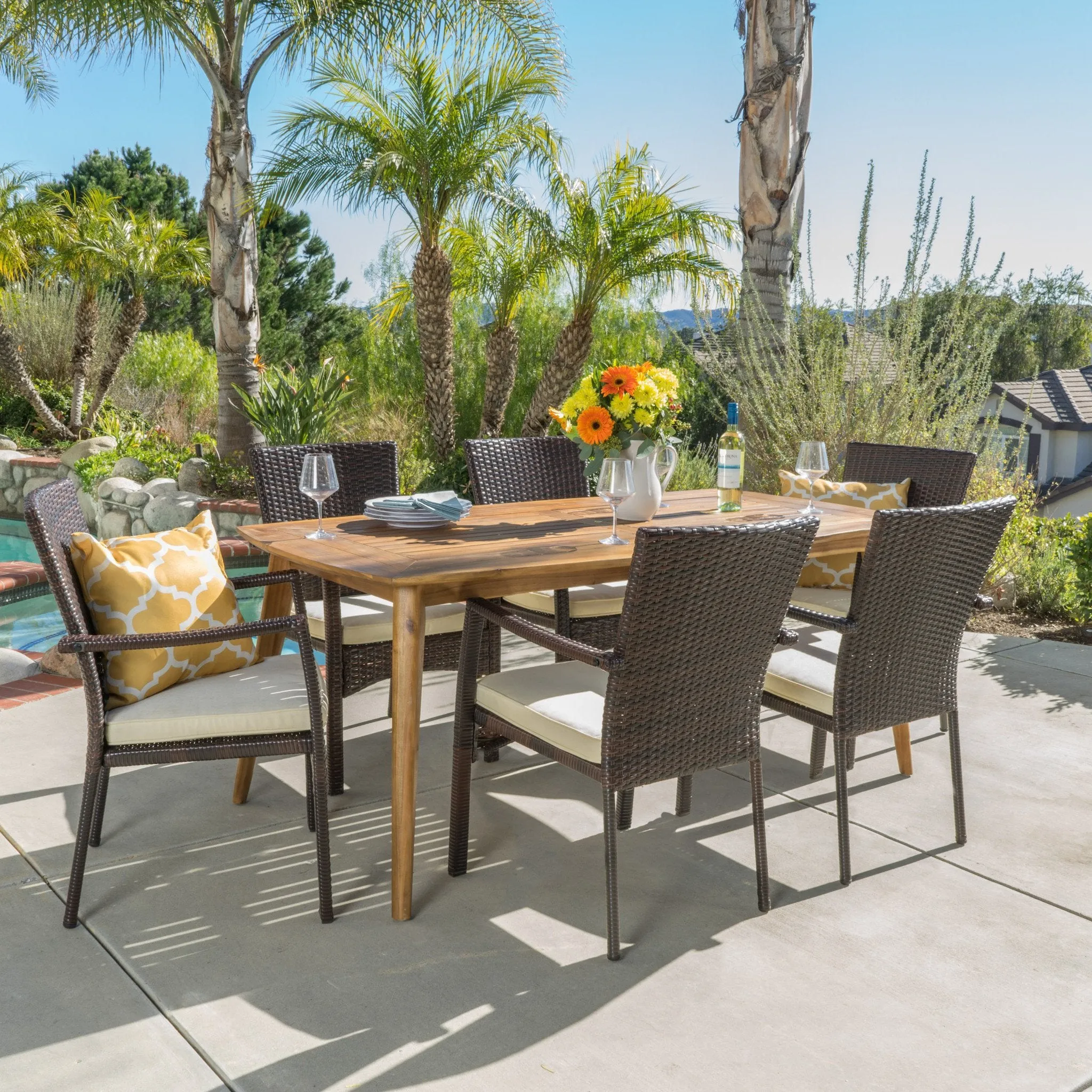 Outdoor 7-Piece Brown Wicker Dining Set with Cream Cushions - NH590003 patio chairs, outdoor seating