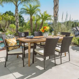 Outdoor 7-Piece Brown Wicker Dining Set with Cream Cushions - NH590003 patio chairs, outdoor seating