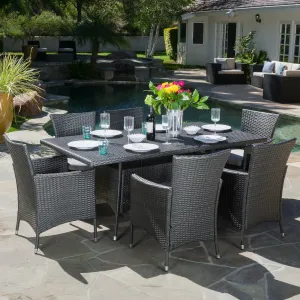 Outdoor 7-Piece Gray Wicker Dining Set with Light Gray Cushions - NH705692 patio chairs, outdoor seating