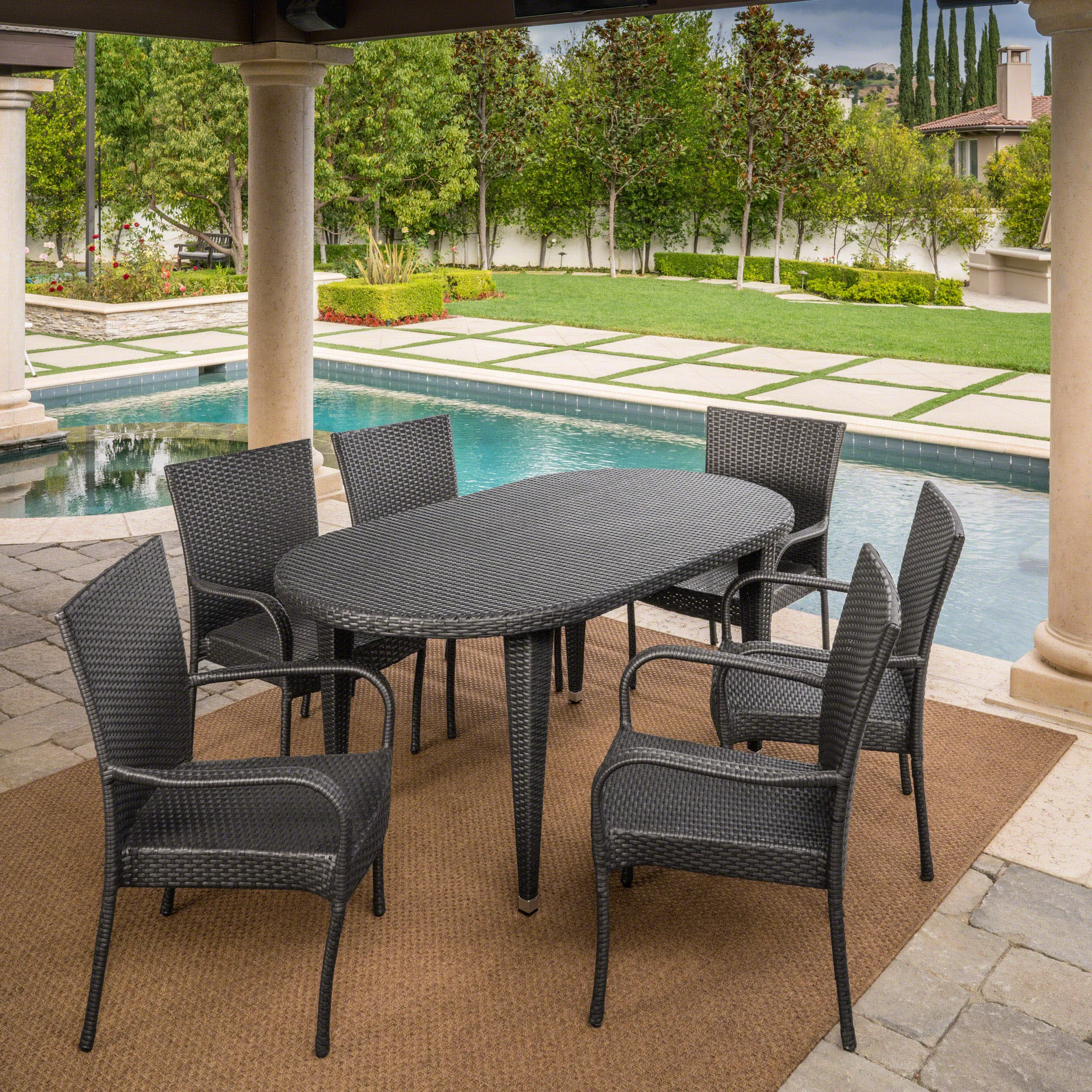 Outdoor 7 Piece Gray Wicker Oval Dining Set with Stacking Chairs - NH636203 patio chairs, outdoor seating
