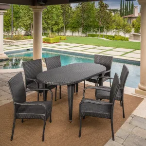 Outdoor 7 Piece Gray Wicker Oval Dining Set with Stacking Chairs - NH636203 patio chairs, outdoor seating
