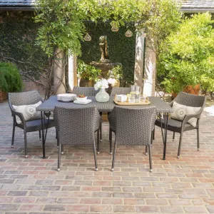 Outdoor 7 Piece Gray Wicker Rectangular Dining Set with Stacking Chairs - NH081203 patio chairs, outdoor seating