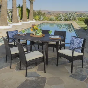 Outdoor 7 Piece Multi-brown Wicker Dining Set with Crme Cushions - NH736203 patio chairs, outdoor seating