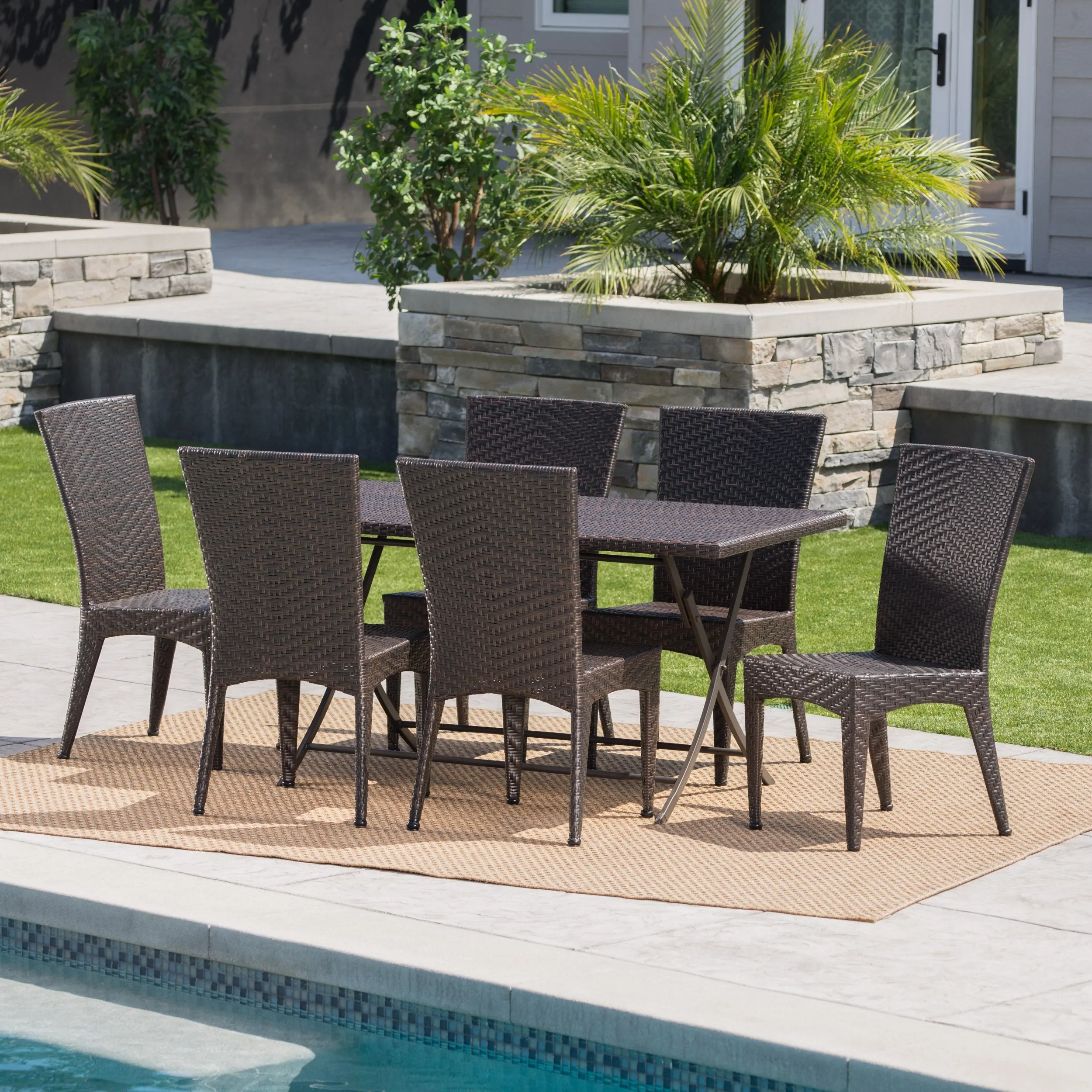 Outdoor 7 Piece Multi-brown Wicker Dining Set with Foldable Table - NH610203 patio chairs, outdoor seating