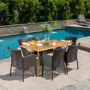 Outdoor 7-Piece Multi-Brown Wicker Dining Set with Teak Acacia Wood Table - NH634892 patio chairs, outdoor seating