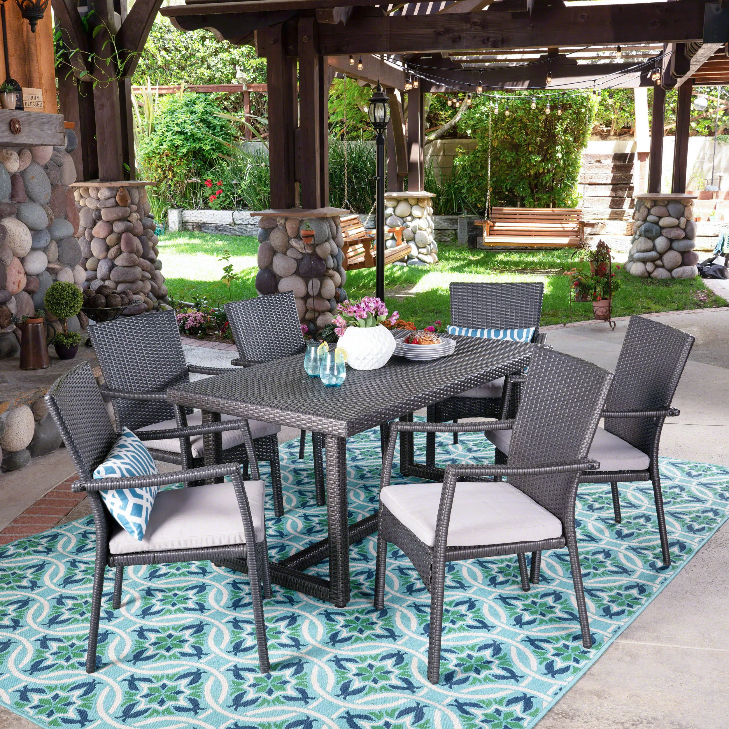 Outdoor 7 Piece Wicker Dining Set, Grey with Grey Cushions - NH037403 patio chairs, outdoor seating