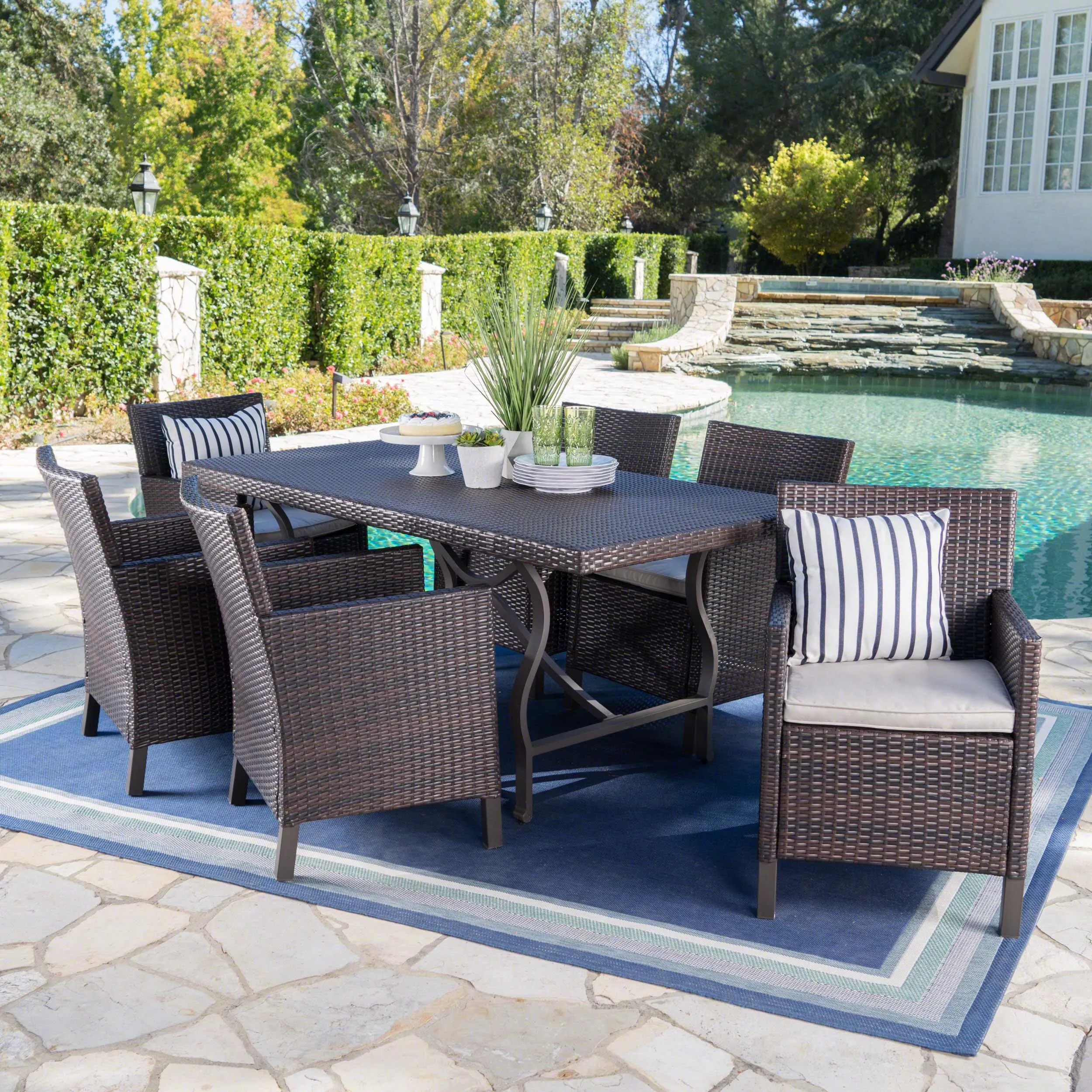 Outdoor 7 Piece Wicker Dining Set with Aluminum Framed Dining Table - NH253203 patio chairs, outdoor seating