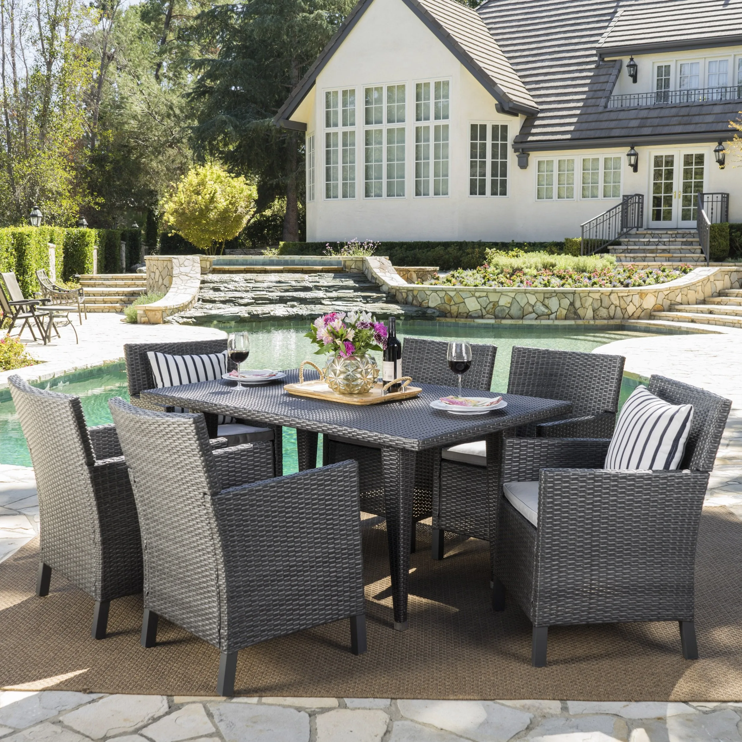 Outdoor 7 Piece Wicker Dining Set with Water Resistant Cushions - NH933203 patio chairs, outdoor seating